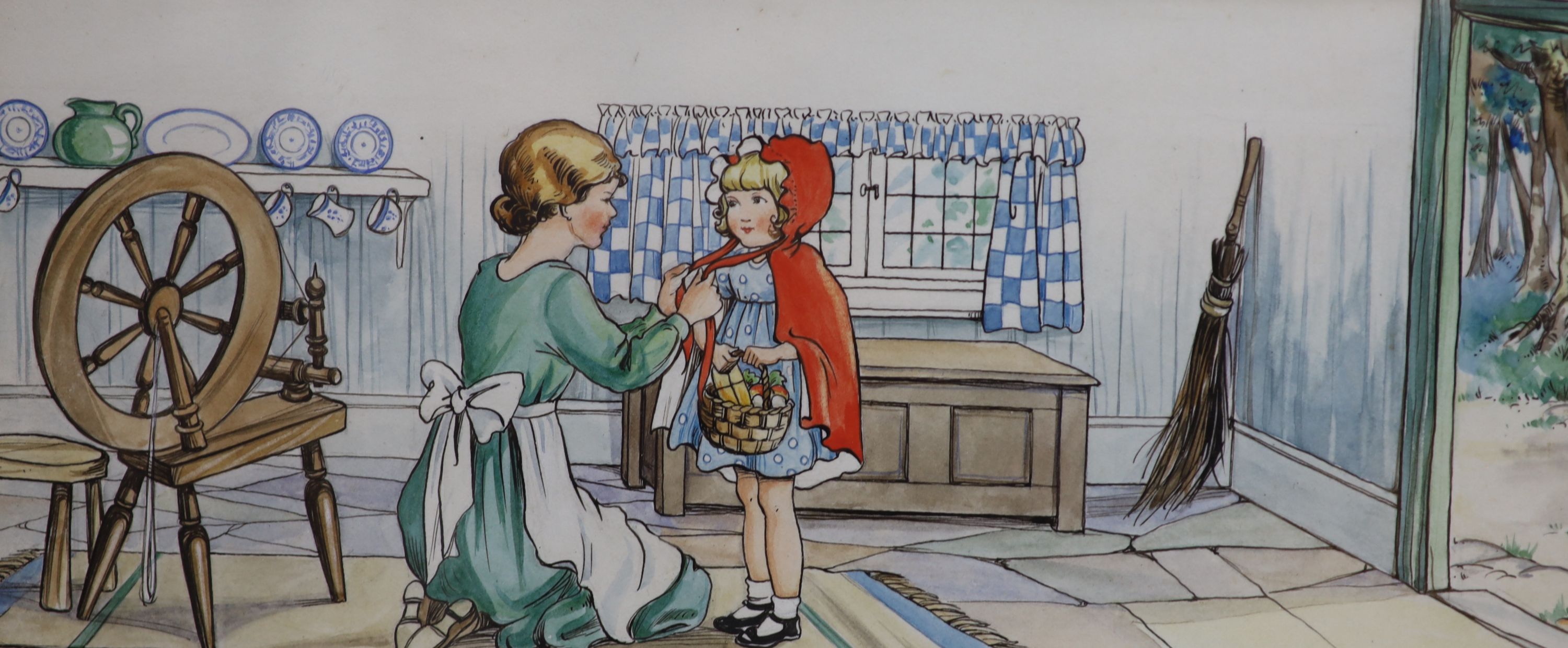 Rene Cloke (1904-1995), ink and watercolour, Little Red Riding Hood, 10 x 23cm
